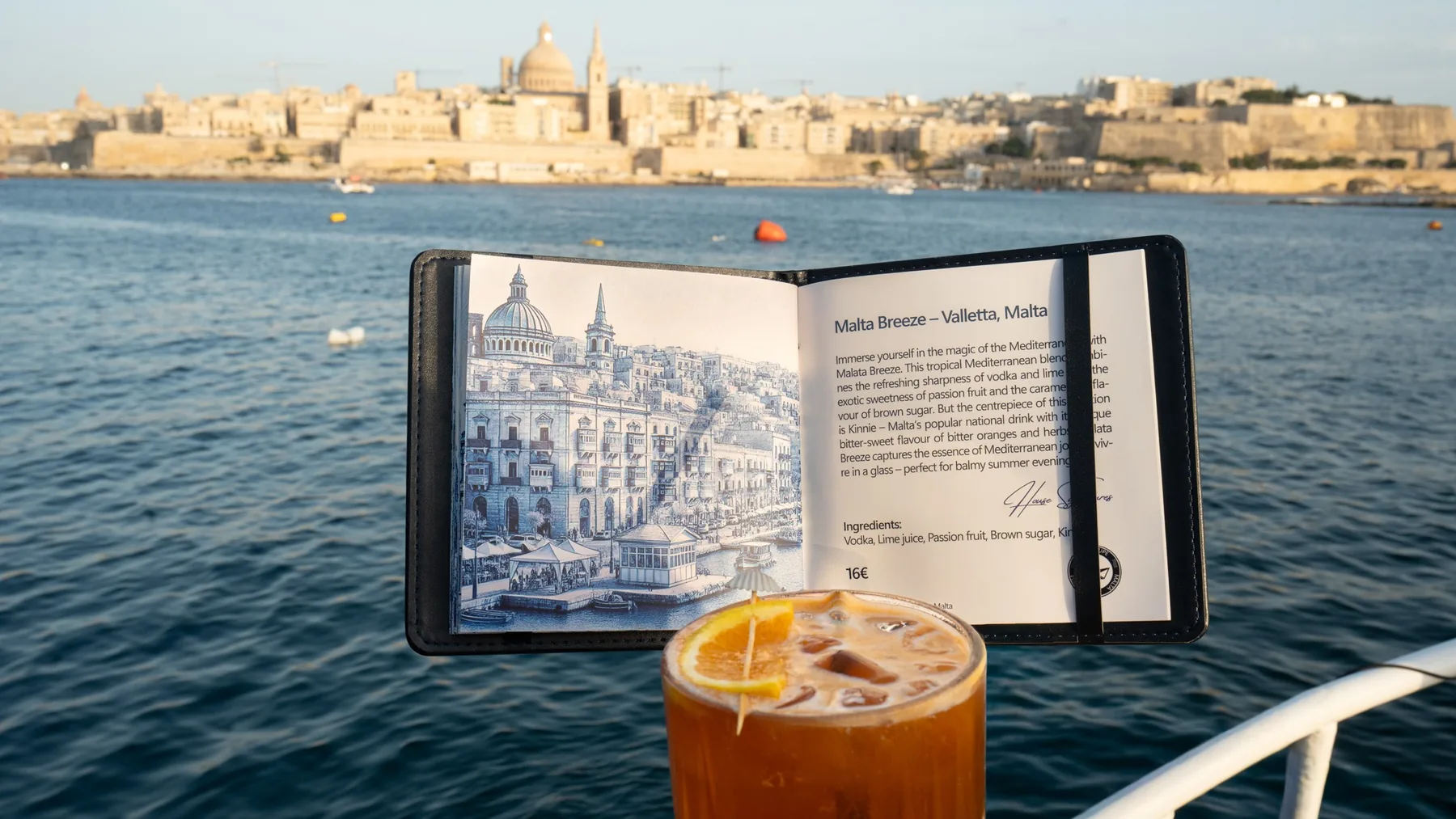 Guadalupe cocktail with Valletta across the harbor